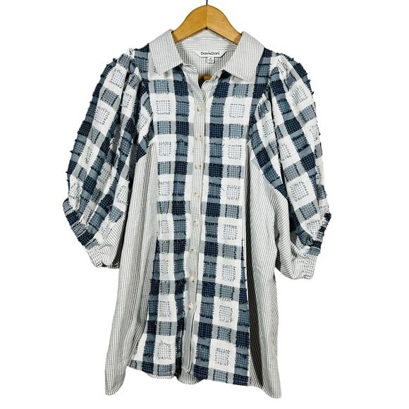 Davi & Dani Button Up Puff Sleeve Blouse Mixed MEdia Checker Stripe Casual - M - Picture 1 of 5